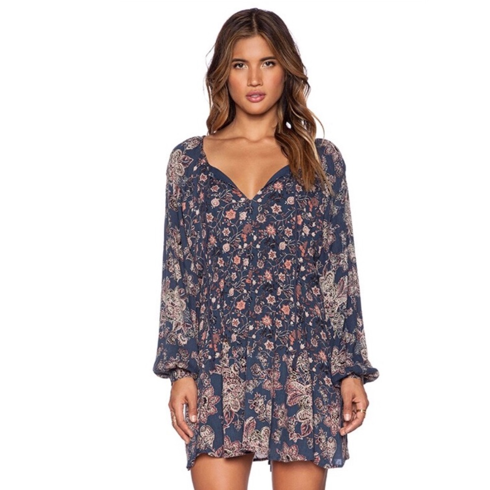 Free People Lucky Loosey Bohemian Mini Dress in Indigo Combo Size XS - Picture 2 of 10